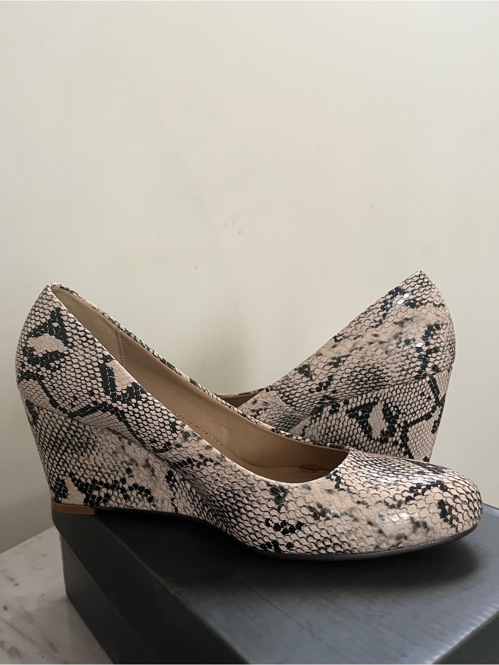 Snake-Print Wedge Pumps in Beige